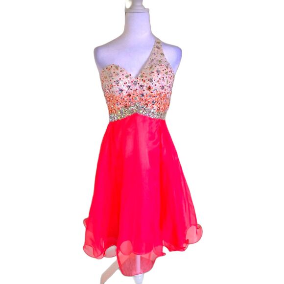 VTG Deb One Shoulder Coral Pink Sequin Beaded Short Dress 4 Glam Party Hoco Y2K - Picture 1 of 8